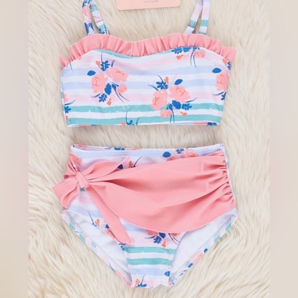NEW…Girl Toddler Striped Floral Pink Two-Piece Bikini Set